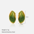 Detailed view of irregular oval gold earrings with green resin stone and size specifications - Emerald Green Quicksand Pattern (Earrings)