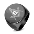 Black stainless steel Freemason signet ring with compass and square G logo engraving - US 7 / Black