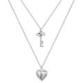Detail view of double-layered silver necklace with key and heart letter F pendant - Steel A