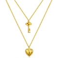 Double-layered gold titanium necklace featuring a key pendant and an 'A' heart charm - Gold A