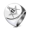 22MM polished stainless steel signet ring with laser engraved Freemasonry compass and square - US 7 / Steel