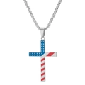 50MM stainless steel cross necklace with American flag design on a silver box chain - Steel Color With Chain