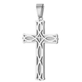 Polished silver stainless steel cross pendant with Celtic knot design on pearl chain - Silver Color Pendant