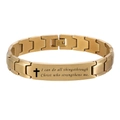 Golden stainless steel 12mm link bracelet featuring laser engraved cross and bible verse - Gold