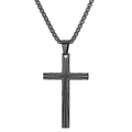 Gun black striped 50mm stainless steel cross pendant with box chain for women - Black Cross Necklace (Black With Chain)