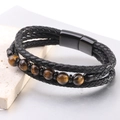Pulsera multicapa de cuero trenzado negro para hombre con cuentas de piedra ojo de tigre pulidas - Cuero Con Ojo de Tigre