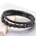 Pulsera multicapa de hombre en cuero trenzado negro con cuentas de lava y cierre magnético - Cuero Con Piedra de Lava