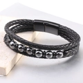 Pulsera multicapa de cuero trenzado negro para hombre con cuentas metálicas y cierre magnético - Cuero Con Hematita