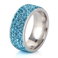 Minimalist 8mm wide silver ring with five rows of light blue rhinestones on white background - US 7 / Blue