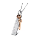Polished stainless steel necklace with engraved tag, rose gold key and ring charms - Rose Gold