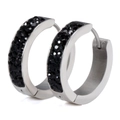 Sleek silver stainless steel hoop earrings featuring multi-row black micro-pave crystals - Black
