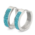 Silver stainless steel huggie hoop earrings with four rows of vibrant blue rhinestones - Aquamarine
