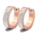 Rose gold huggie hoop earrings with three rows of sparkling white zircons on white background - Rose Gold with White Rhinestone