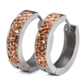 Minimalist silver hoop earrings with champagne rhinestones and pink enamel finish - Peach