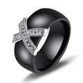 Black ceramic wedding ring featuring a silver X-shape design with micro-pave cubic zirconia - US 7 / Black