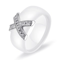 Elegant white ceramic ring featuring a silver X-shaped design set with sparkling zircons - US 7 / White