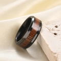 8mm black stainless steel ring for men with vintage wood grain inlay and polished finish - US 7 / Black