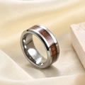 8mm tungsten carbide ring for men with vintage brown wood inlay and bevelled edge - US 7 / Steel