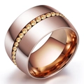 Elegante anello 14mm in acciaio inox oro rosa con finitura spazzolata e diamanti gialli - US 7 / Oro rosa