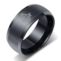 Brushed dark grey 8mm stainless steel Freemason ring with laser logo shown from 45 degree angle - US 7 / Black