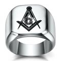Anillo de sello en acero inoxidable pulido con el logotipo masónico G negro grabado - US 7 / Color acero