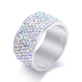 Bague large 12mm en acier inoxydable pour femme avec 8 rangées de strass AB étincelants - US 7 / Ton Argent + Strass AB