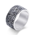 Bague large 12mm en acier argenté sertie de 8 rangées de zircons noirs - US 7 / Ton Argent + Noir Brillant
