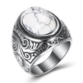 Vintage stainless steel ring with oval white turquoise stone and bohemian engravings - US 7 / White