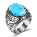 Vintage 22MM stainless steel ring with oval blue turquoise and engraved silver band - US 7 / Blue
