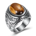 Vintage stainless steel ring with oval tiger eye stone and ornate floral engraving - US 7 / Wood Grain (Tiger Eye)