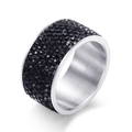 Bague large 12mm en acier inoxydable avec 8 rangées de strass noirs et fini argent - Acier + Noir
