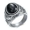Detailed relief engraving on silver stainless steel ring with black oval turquoise stone - US 7 / Black Stone