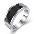 Polished stainless steel ring featuring a faceted rectangular black onyx stone inlay - US 7 / Black