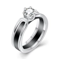 Modern 6mm black ceramic and silver ring with a sparkling round-cut center zircon gemstone - US 7 / Black