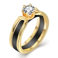 Elegant 6mm black ceramic ring with gold finish and large round cubic zirconia stone - US 7 / Gold Black