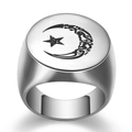 Polished stainless steel signet ring with laser-engraved star and moon pattern - US 7 / Steel