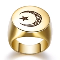 Gold celestial signet ring with engraved star and moon patterns in polished finish - US 7 / Gold