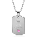 Detail of His Queen dog tag necklace with crown engraving and pink crystal inlay - His Queen / Steel