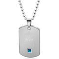 Detail of Her King military tag necklace with crown motif and blue gemstone inlay - Her King / Steel