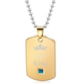 Detail of Her King military tag pendant with crown icon, blue gem, and ball chain - Her King / Gold
