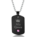 Detail of a black matte dog tag necklace featuring a crown, His Queen text and pink gem - His Queen / Black