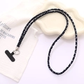 Detail of blue woven phone lanyard with silver beads and metal buckle attachment - Crossbody Chain / Navy Blue (K5181)