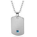 Silver brushed dog tag necklace with a square blue gemstone and classic ball chain - Smooth Surface Men's / Steel