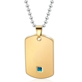 Polished golden dog tag pendant necklace with square blue gemstone and silver bead chain - Smooth Surface Men's / Gold