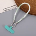 Green checkered denim wrist phone strap with silver ring clasp and blue insert pad - Grass Green (K5660)