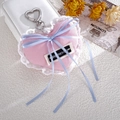 Pink denim heart charm with lace trim and blue ribbon bow on silver heart ring - Pink
