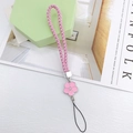 Pink woven leather phone strap with flower pendant and sparkling crystal accent - Woven Rope Small Flower Pink (K6155)