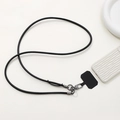 Black round braided denim phone lanyard with gun-grey metal buckle and gasket - PU Leather Rope / Black