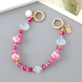 Kristall-Herz Handyband mit bunten Perlen und rosa Blumenanhängern für Taschen - Irisierende Blumenperlen Handkette (Perlenaufhängung) Rosarot (K4527)
