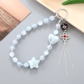 Blue iridescent beaded strap with heart charm, silver flower pendant, and metal tassels - Blue Star Charm (K4947)